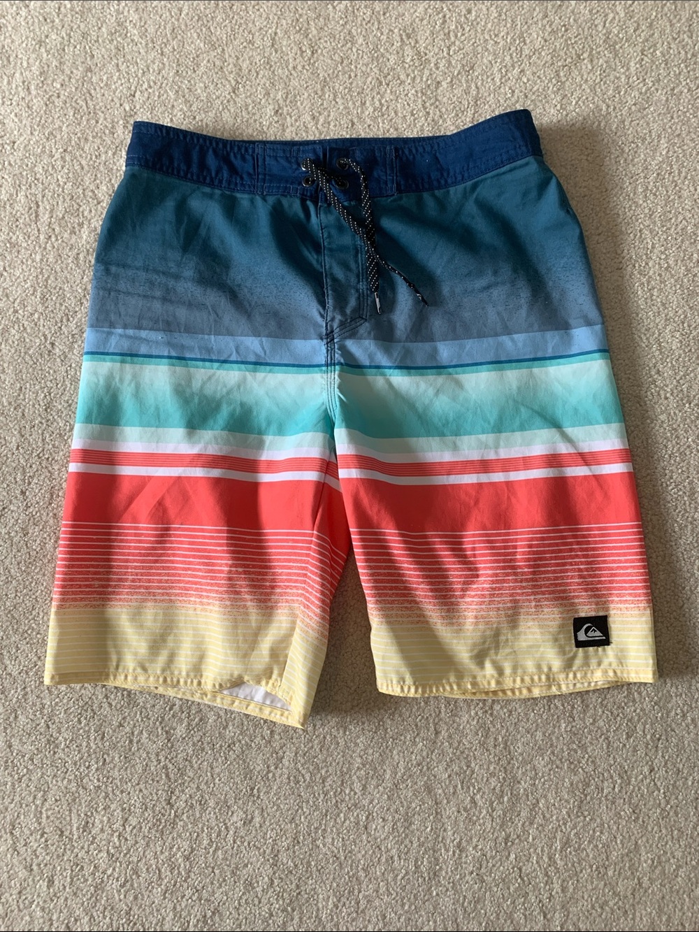 Quiksilver Navy, Teal, Coral & Yellow Gradient Stripe Boardshorts